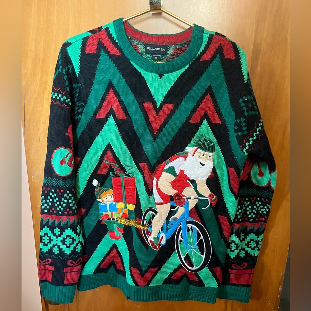 Blizzard Bay Ugly Christmas Sweater, Santa On Bike Size Men’s Medium